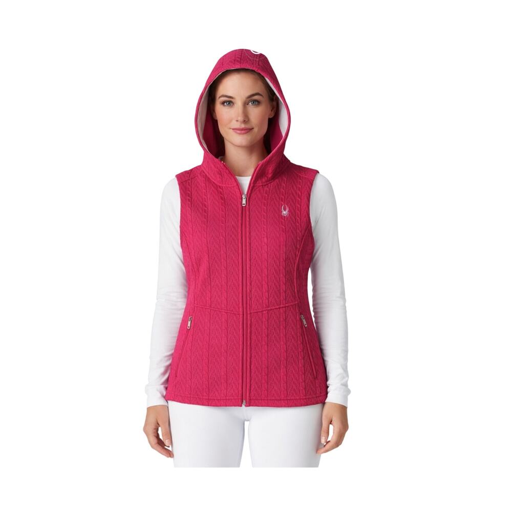 Spyder Vest Womens Size L Pink Hooded Cable Knit Full Zip Logo Pockets Warm Cozy
